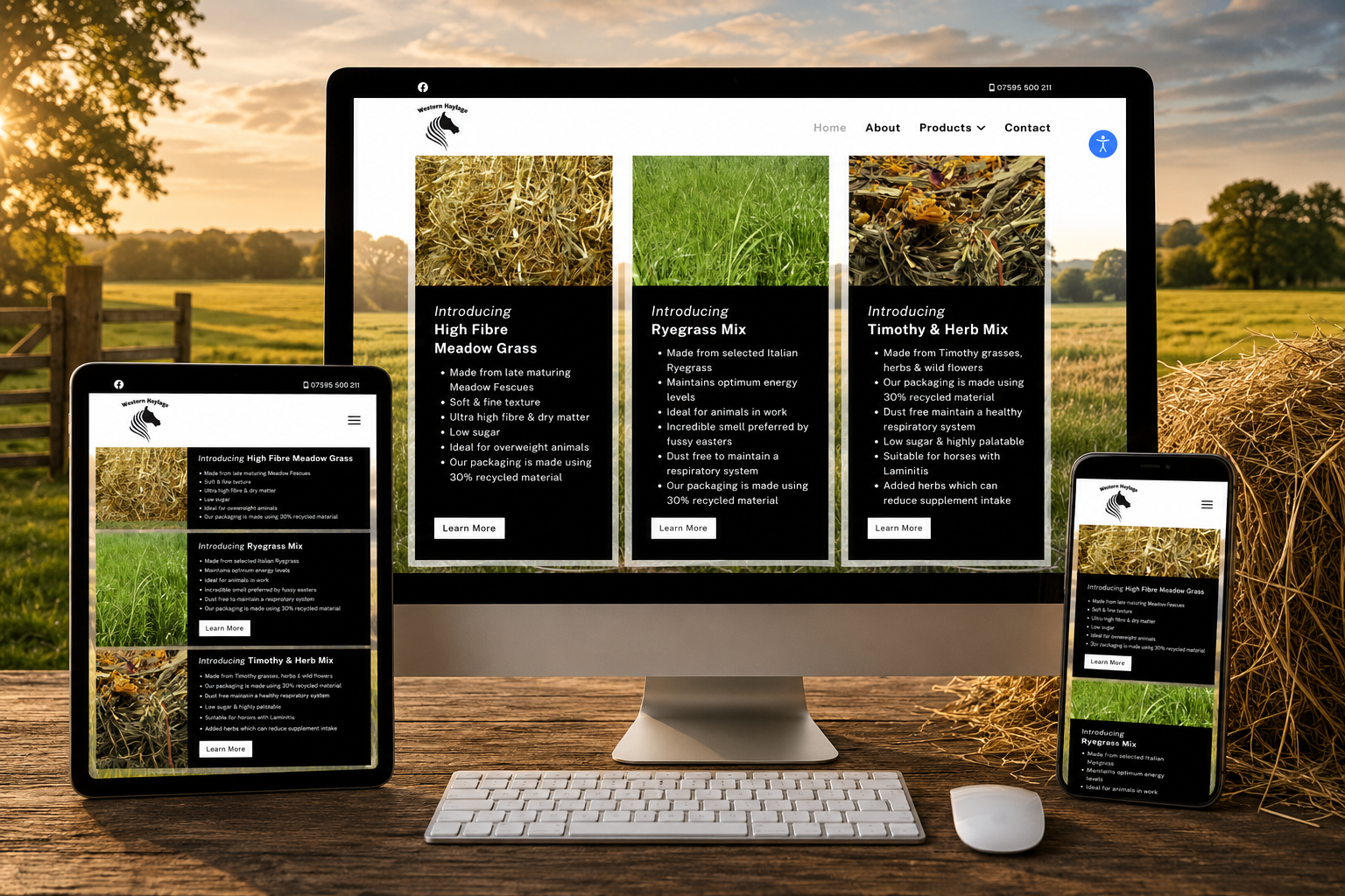 Western Haylage responsive Joomla! website displayed across desktop, tablet and mobile devices, designed by WA Designs.