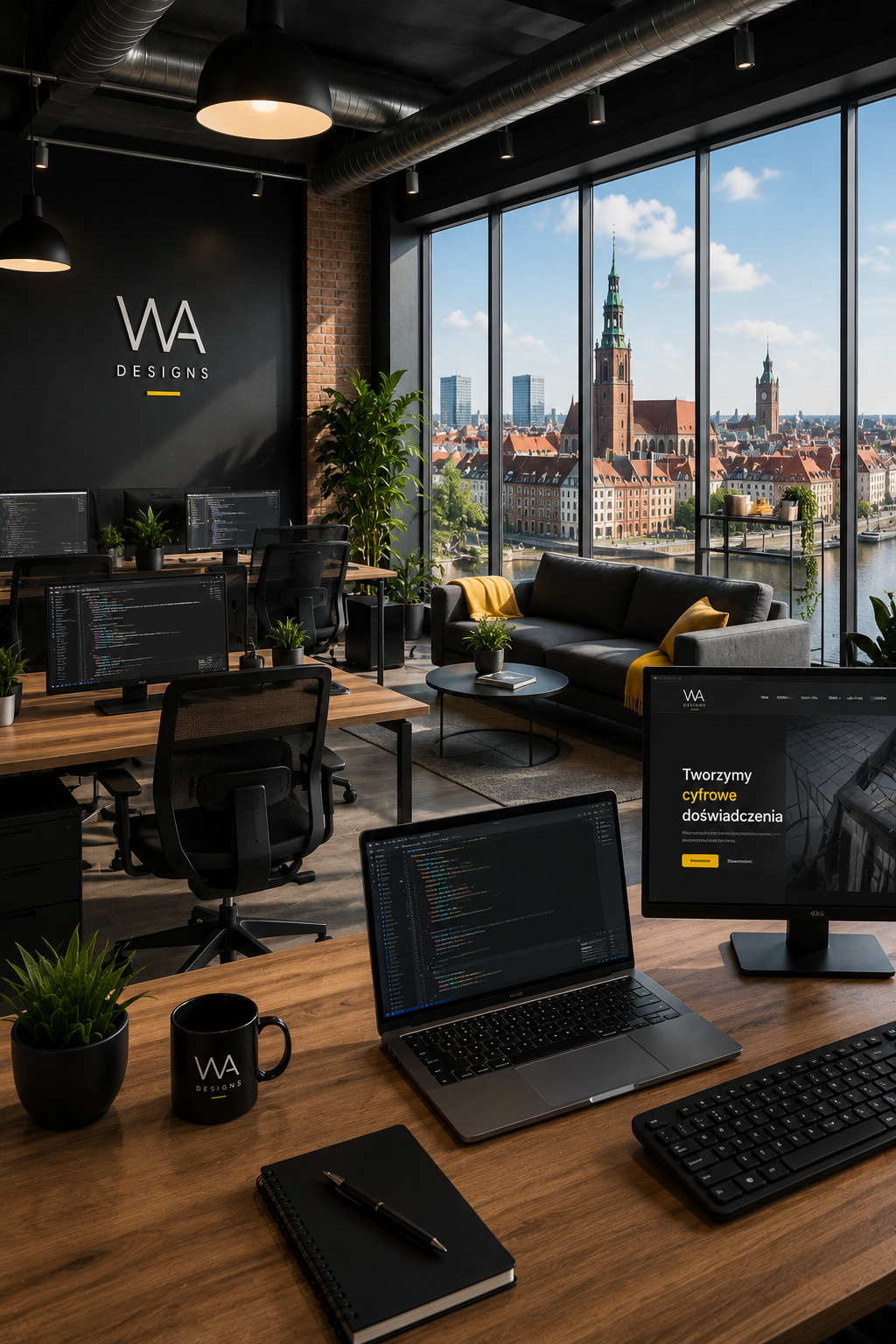 Modern WA Designs Wrocław office featuring a collaborative workspace overlooking the Wrocław skyline and Odra River.